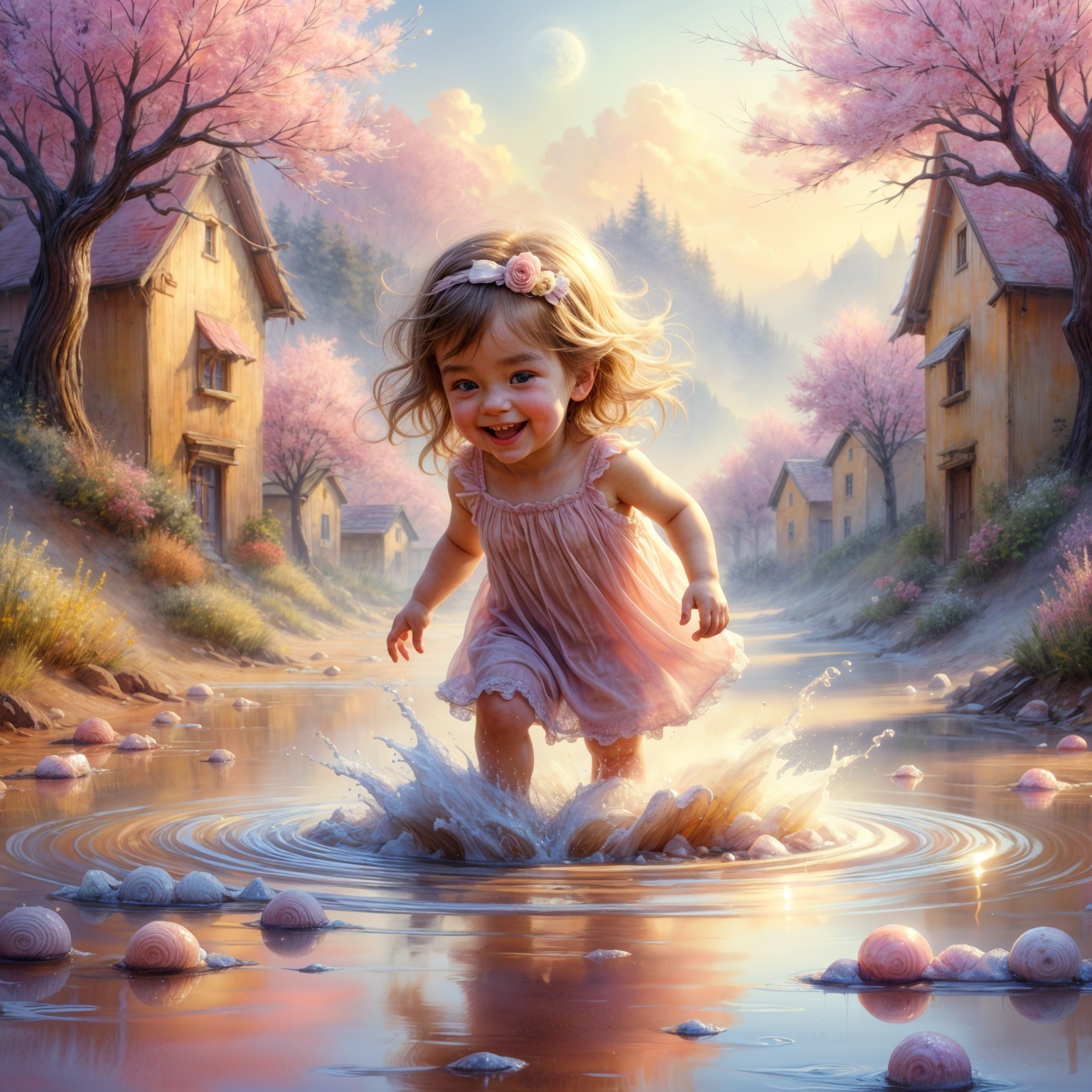 Toddler in Pink Dress Splashes in Scenic Village Stream