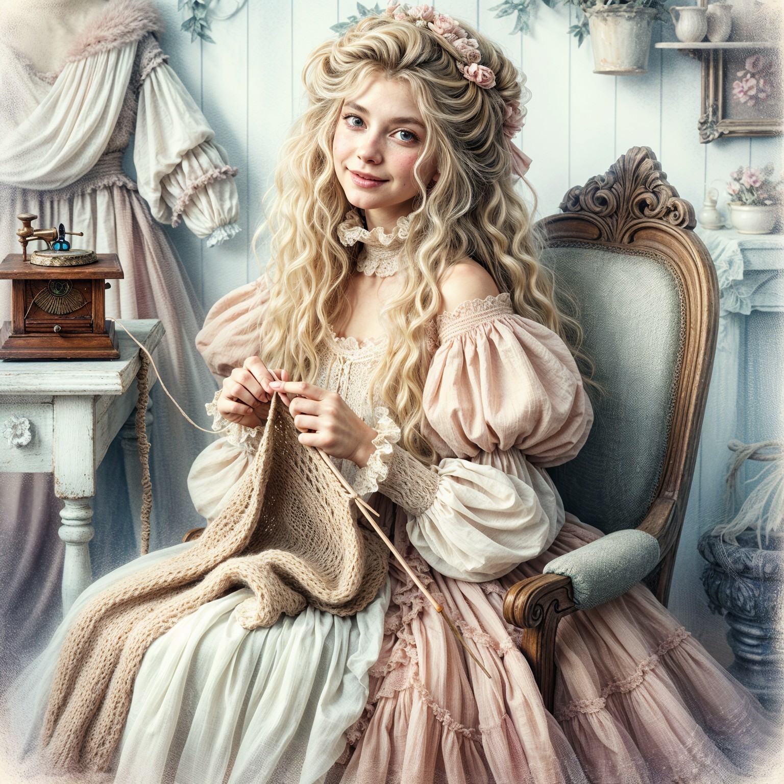Young Woman Knitting in Vintage Chair with Pastel Gown