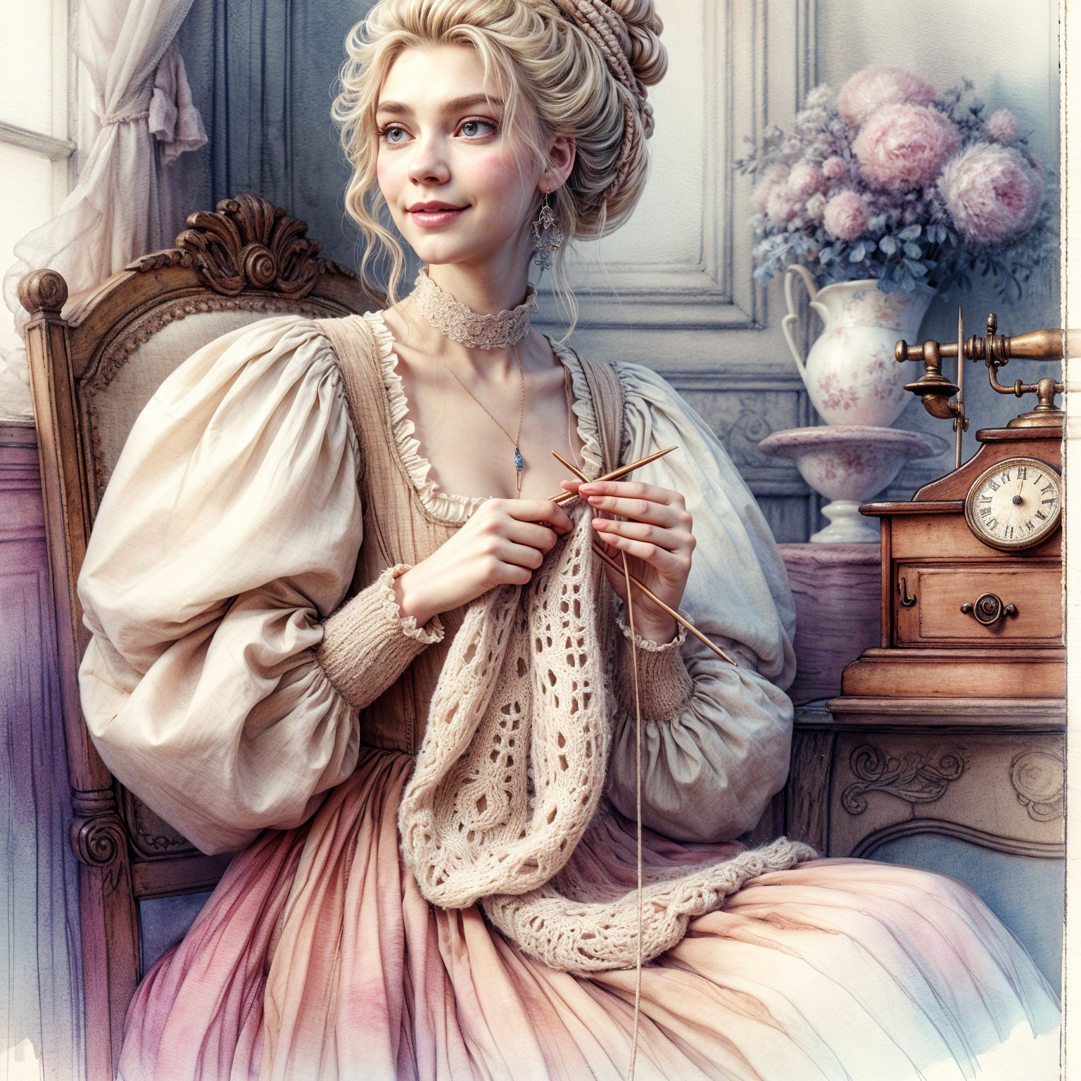 Young Woman Knitting in Vintage Room with Flowers