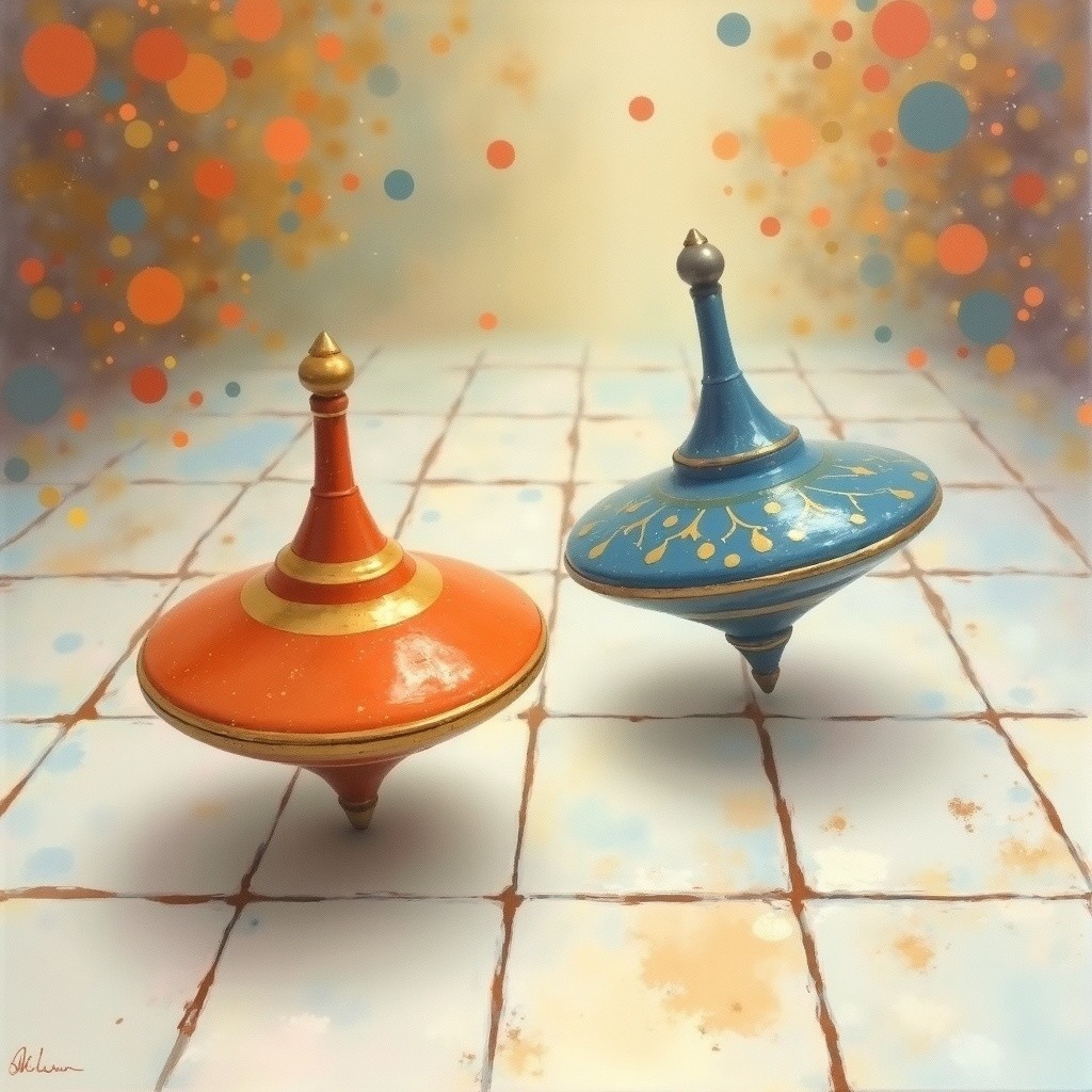Vibrant Spinning Tops on Tiled Surface with Orbs