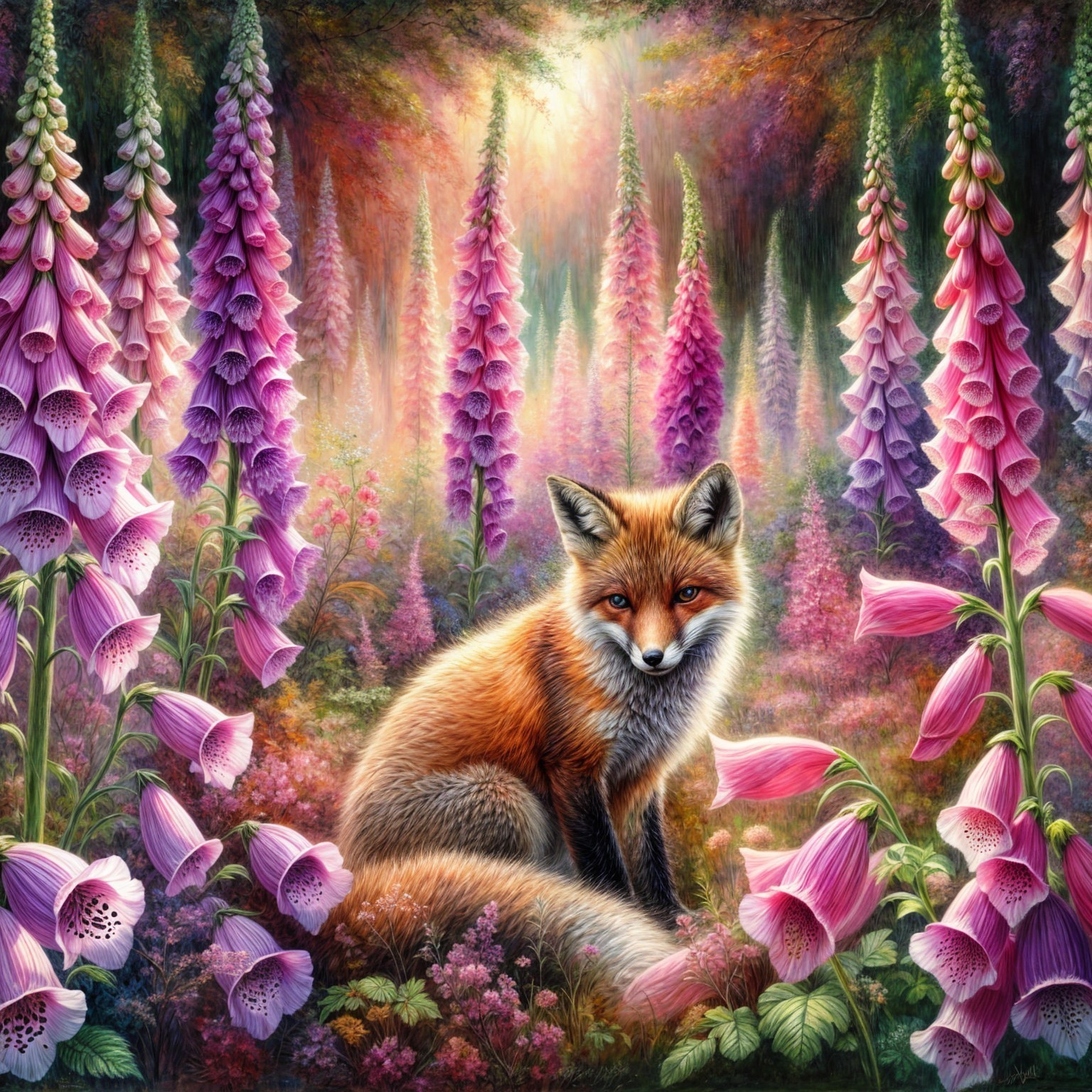 Vibrant garden with foxgloves and a red fox centerpiece