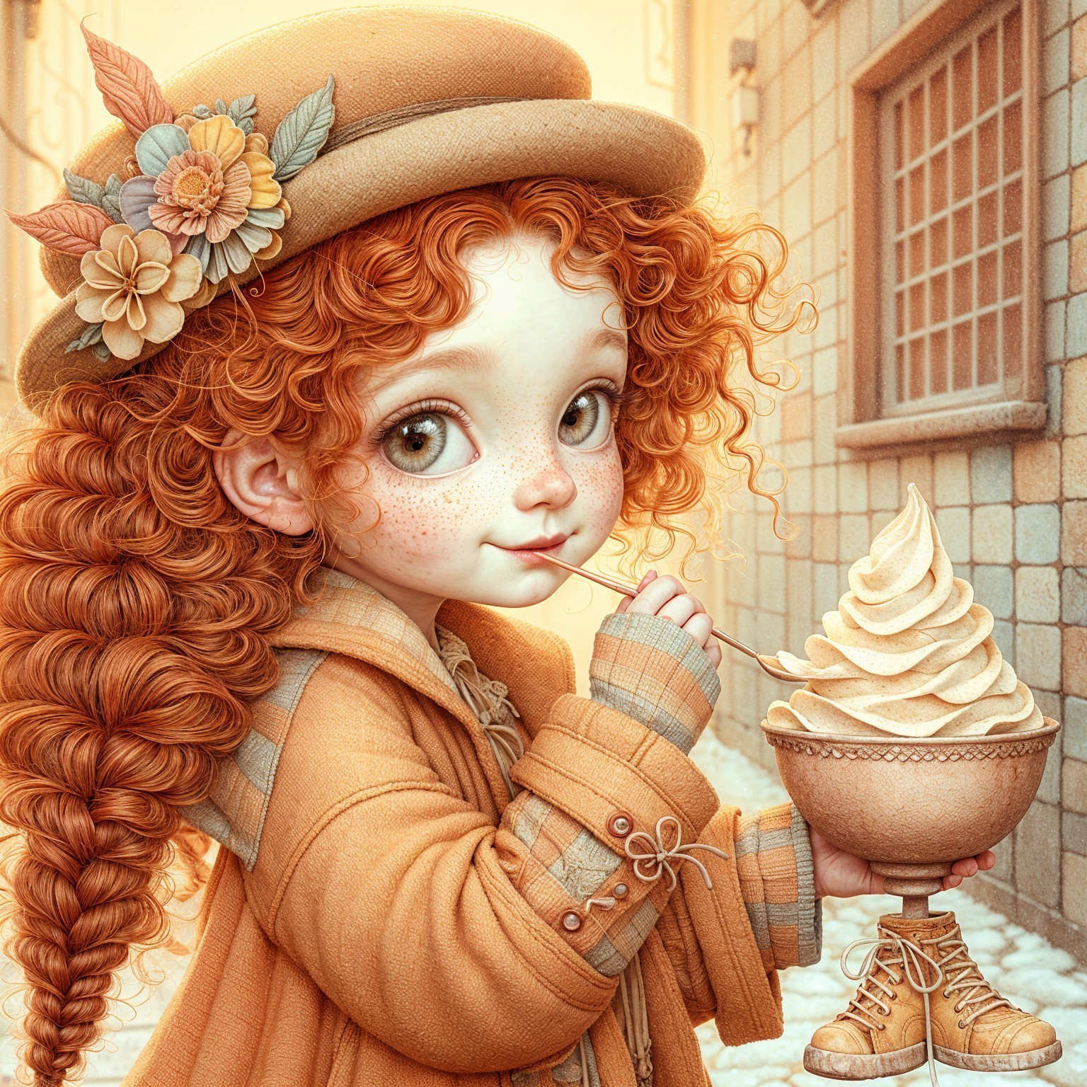 Whimsical Scene of a Girl Enjoying Ice Cream Outdoors