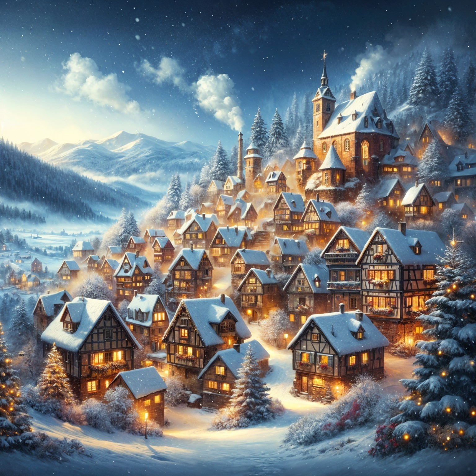 Winter Village in Snow-Covered Mountains with Charm