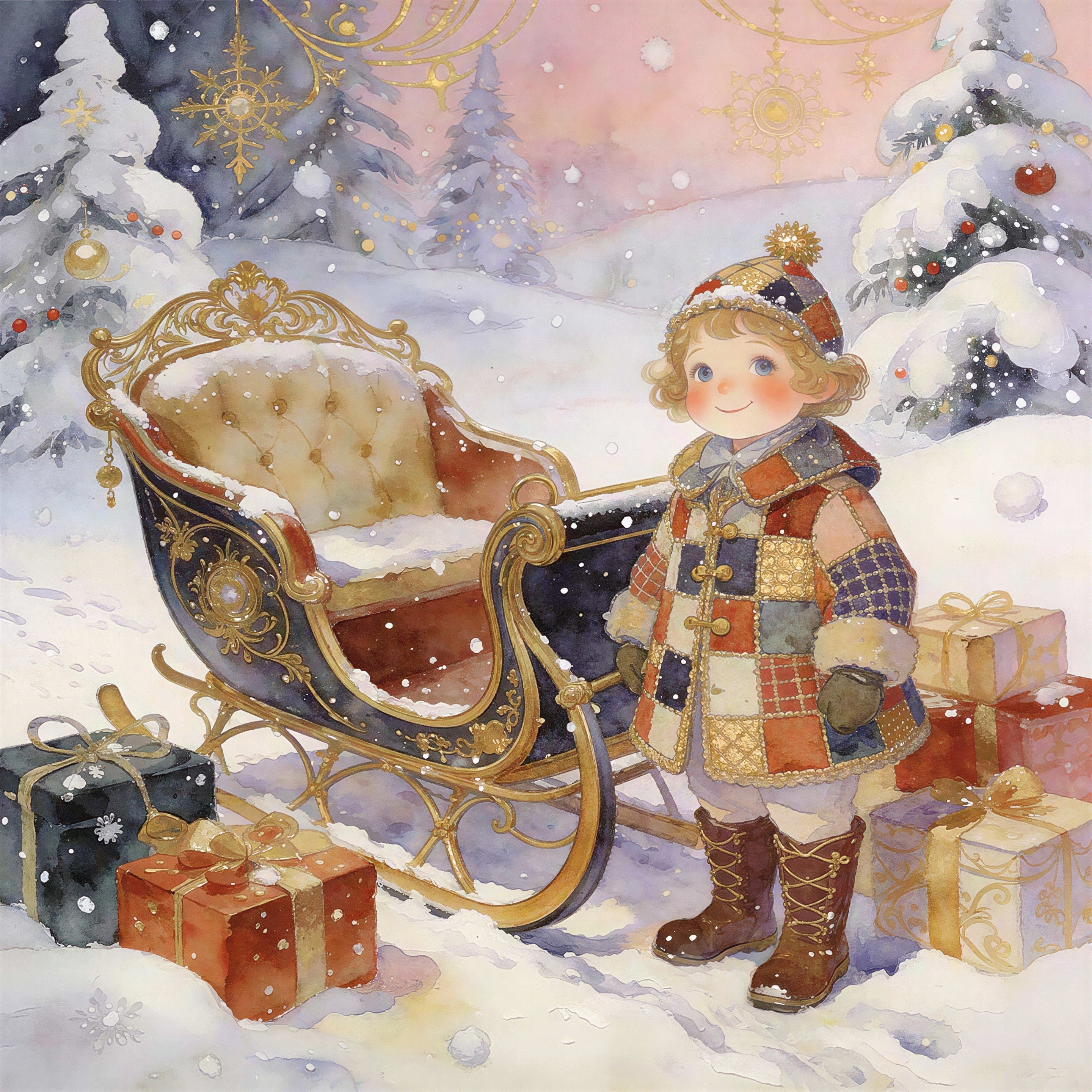 Digital Watercolor of a Boy in Winter Wonderland