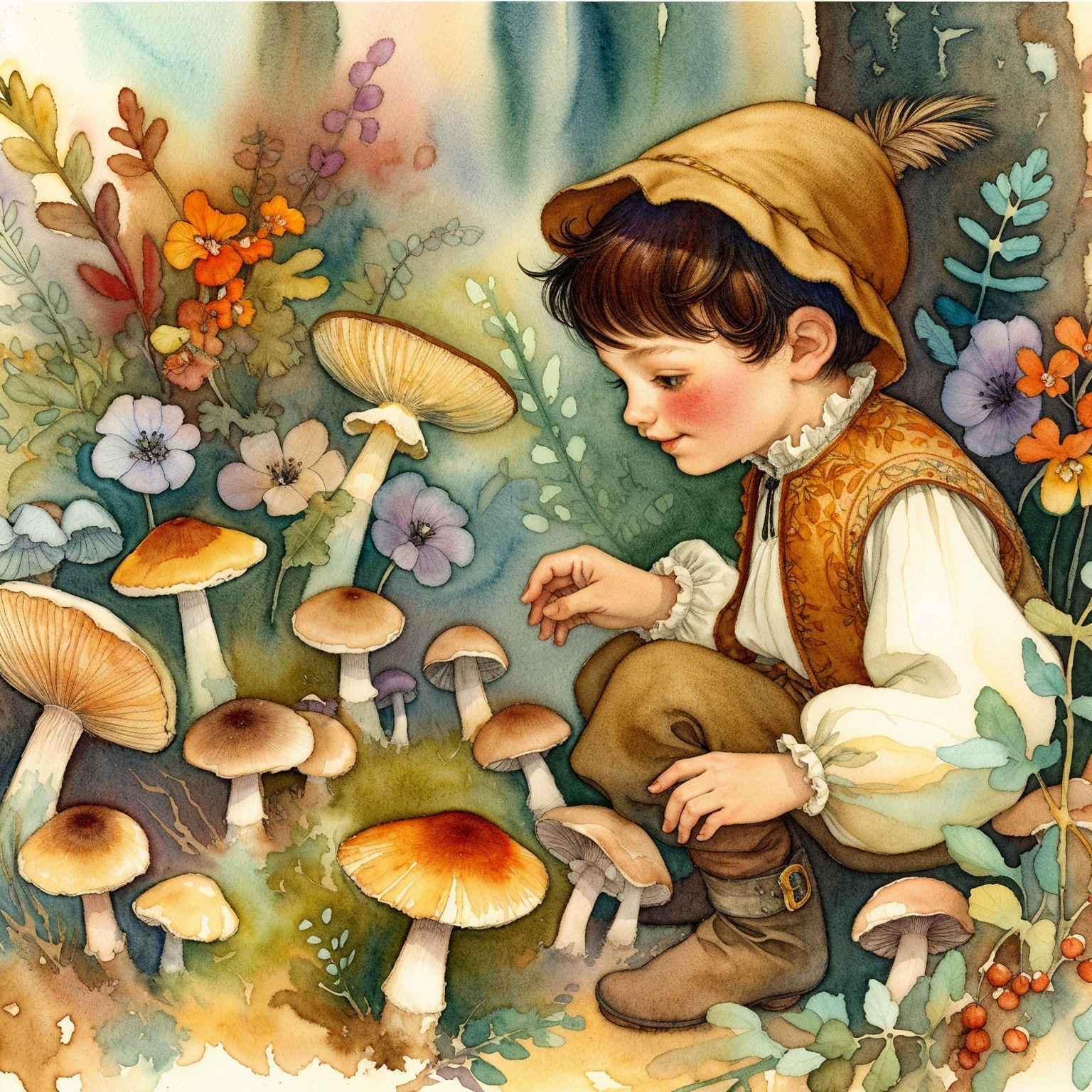 Young boy in historical attire examines mushrooms in nature
