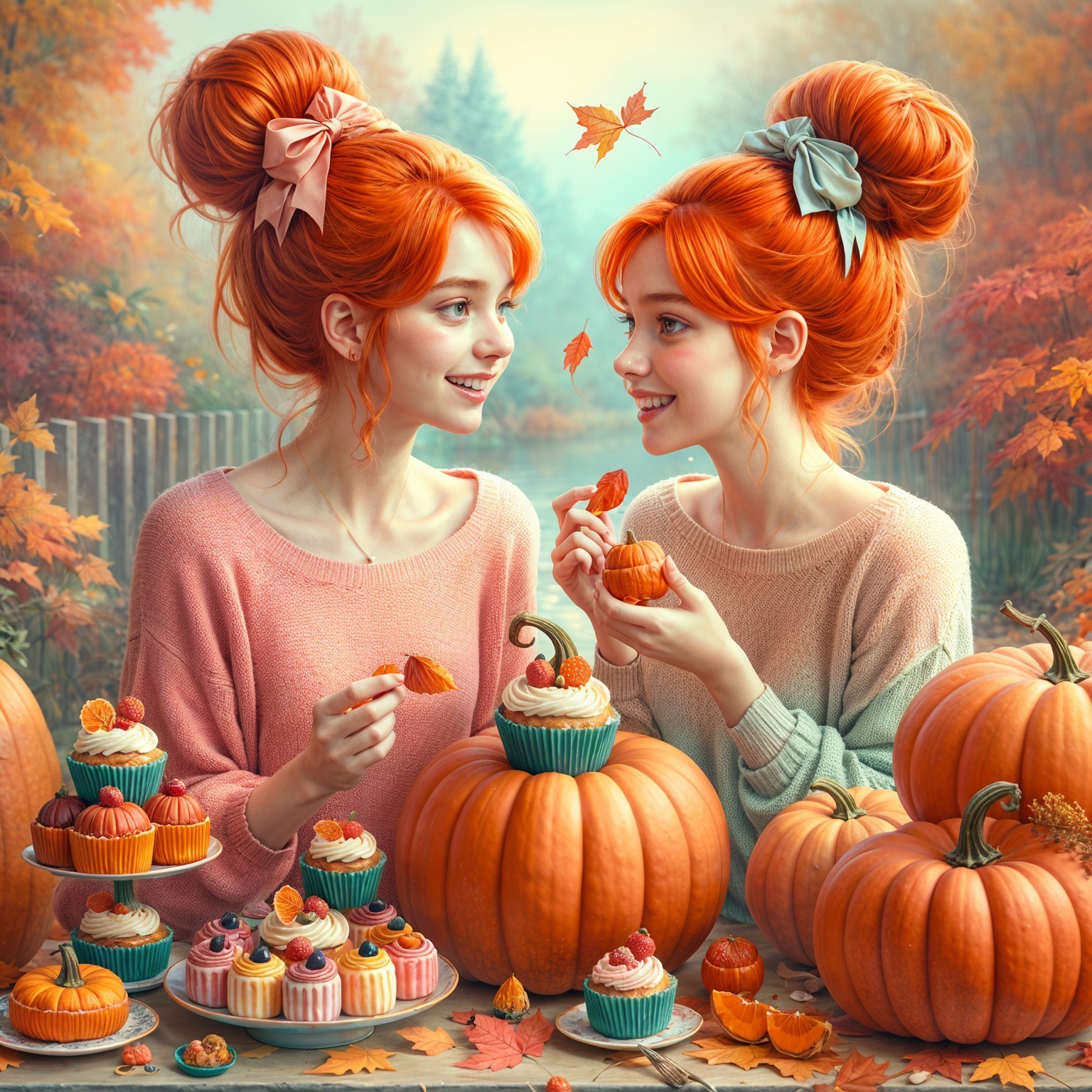 Whimsical Autumn Scene with Girls and Pumpkins