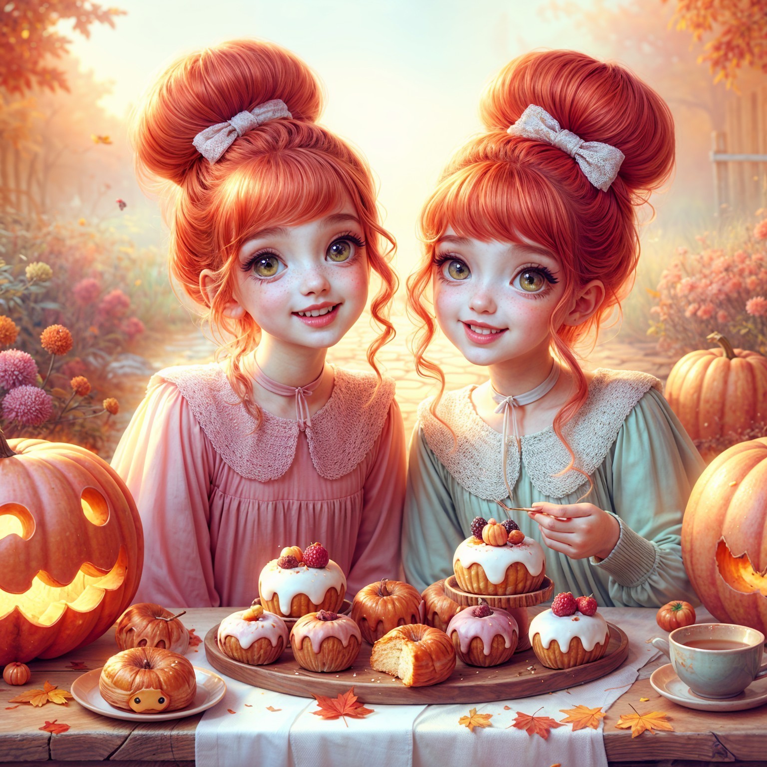 Red-haired girls at a rustic autumn celebration table