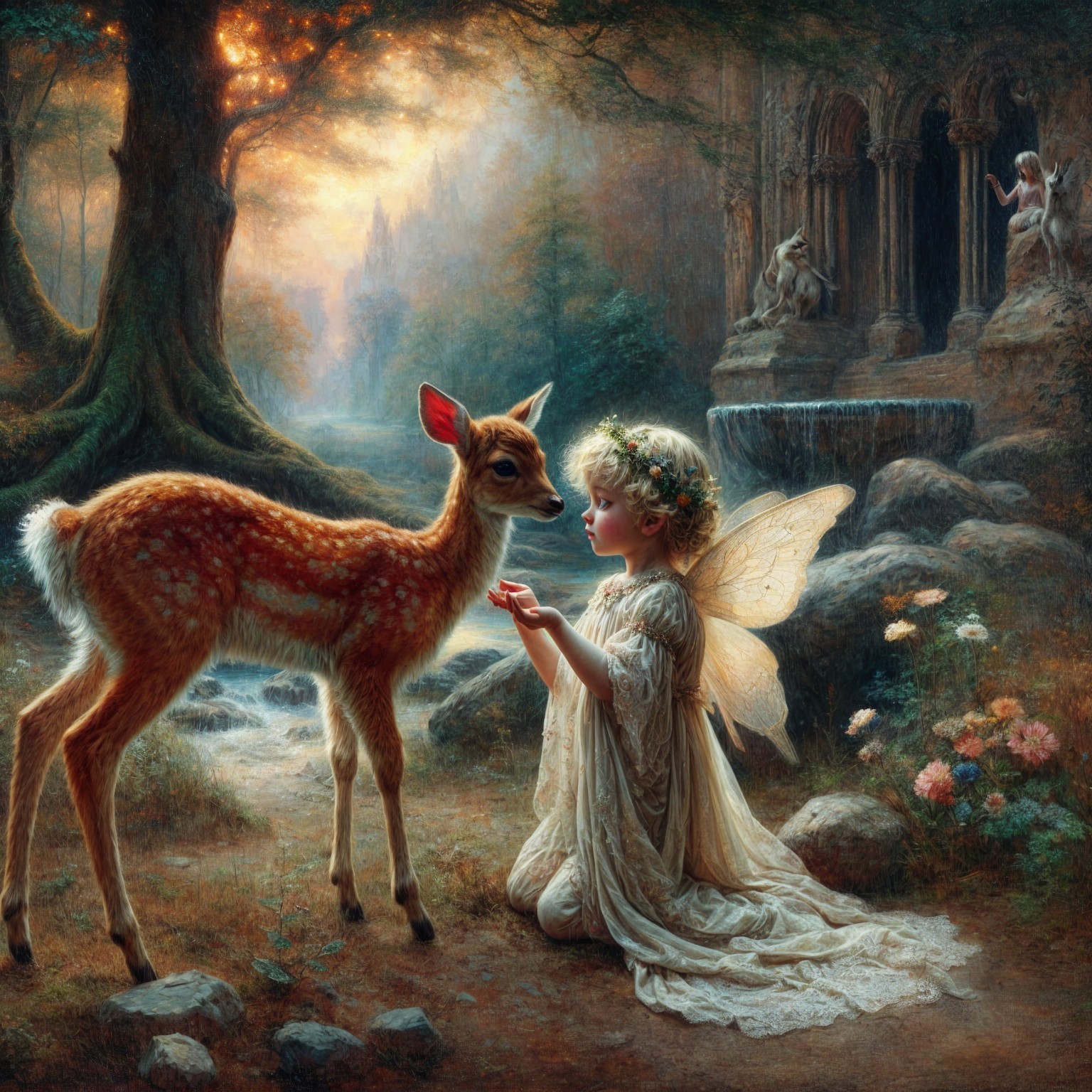Magical forest scene with a girl and a fawn