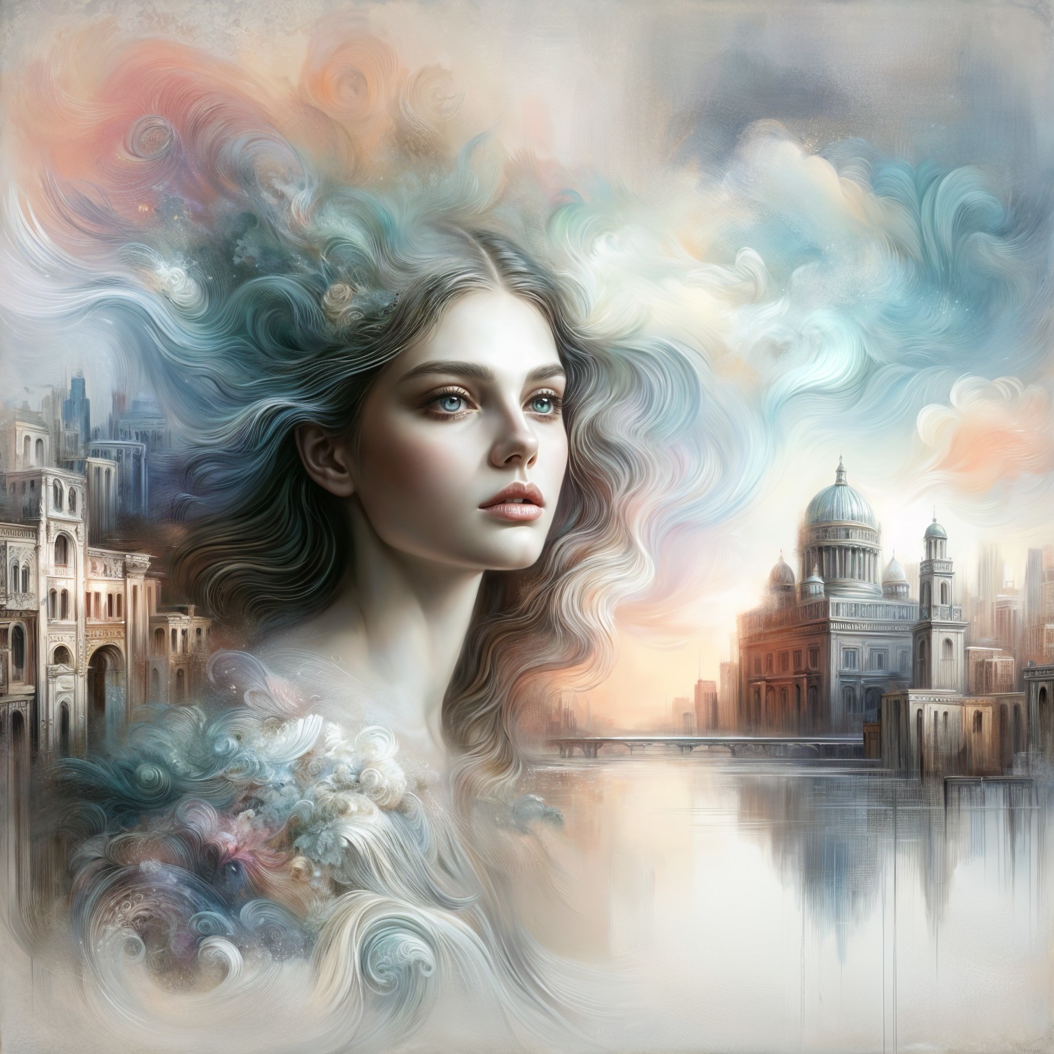 Ethereal Portrait of Woman in Dreamy Cityscape