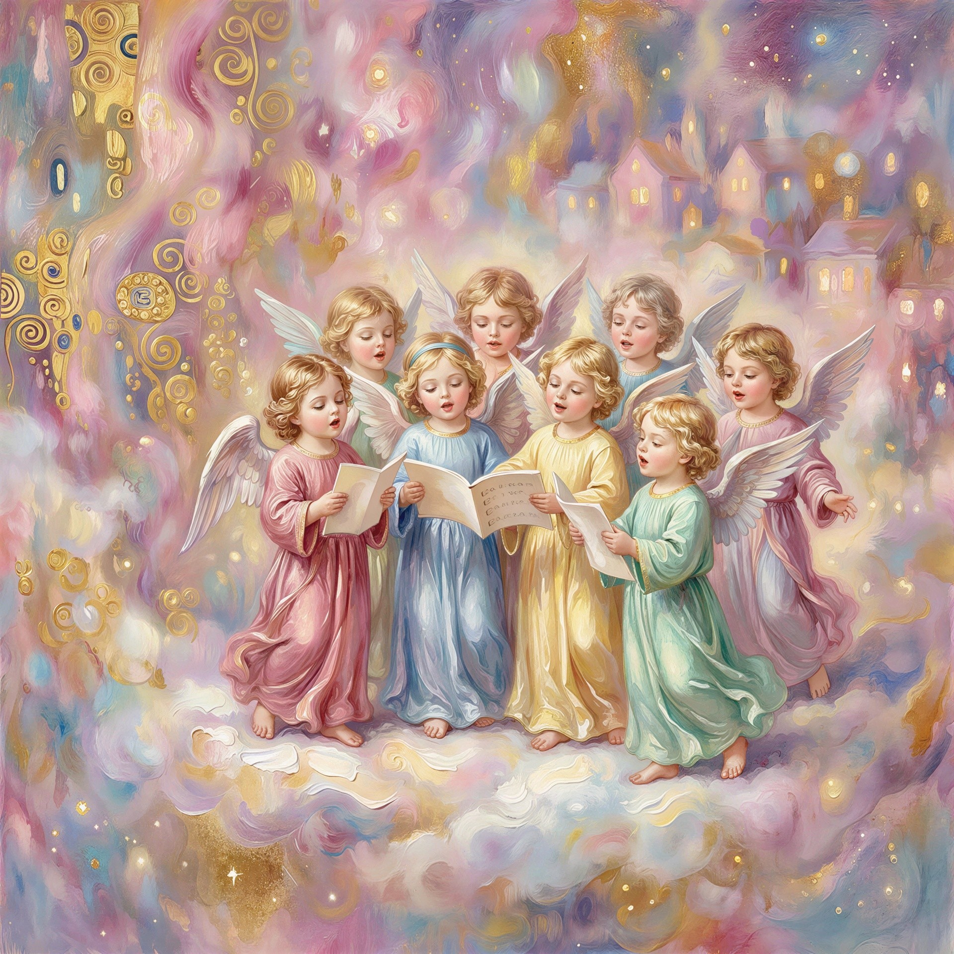 Cherubic Angels Singing on a Colorful Cloud Background