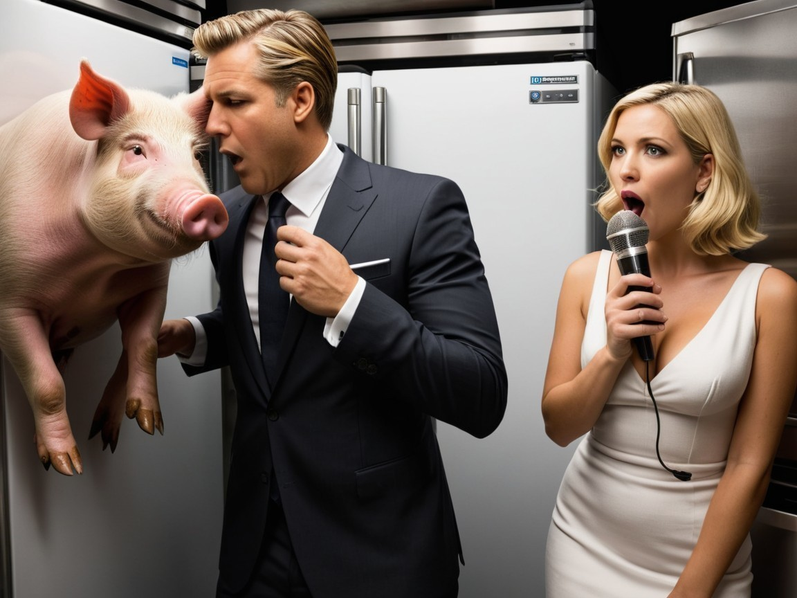 Surreal Scene of a Man, Woman, and Pink Pig