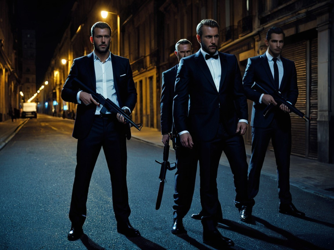 Men in Black Suits with Rifles on Dimly Lit Street