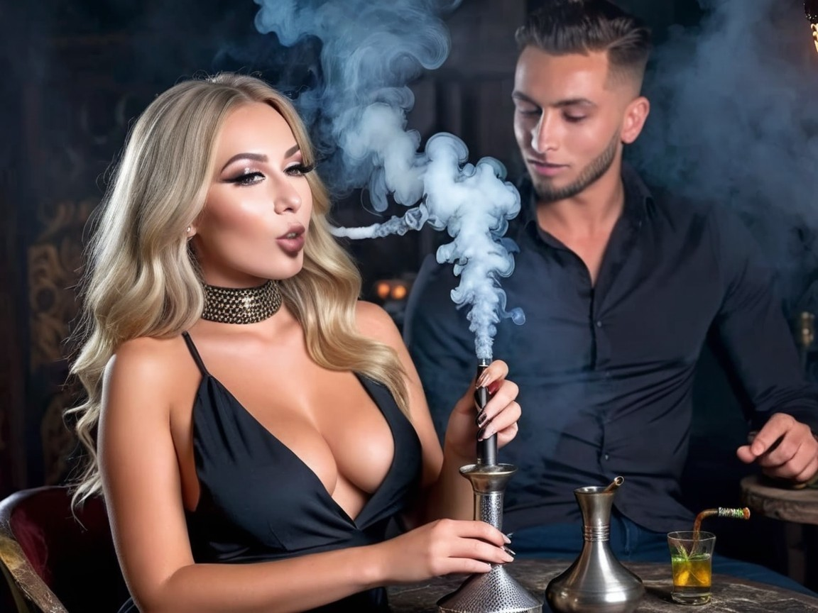 Glamorous Woman in Chic Setting with Hookah