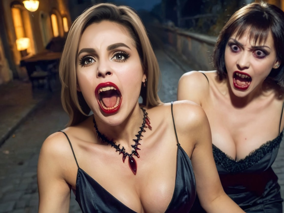 Women in Elegant Dresses in Eerie Dark Setting