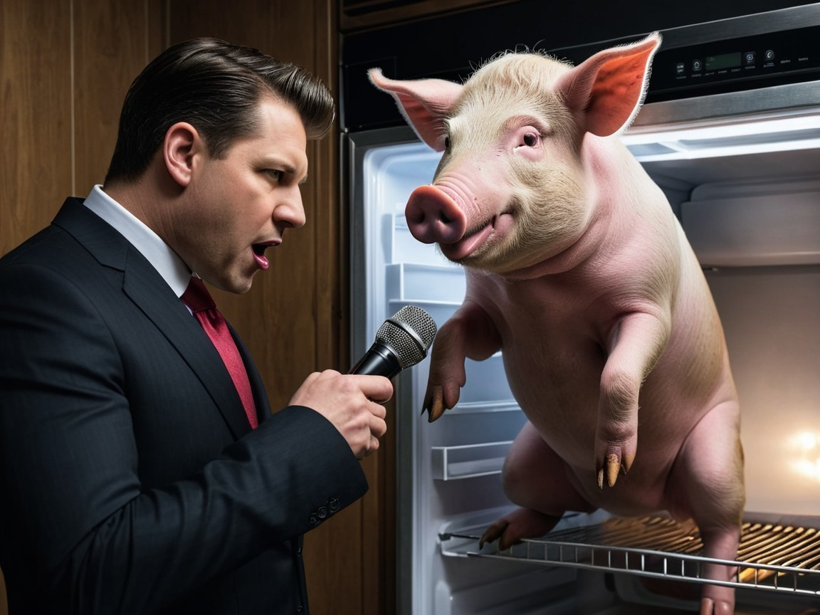 Man in Suit with Microphone and Unbothered Pig in Fridge