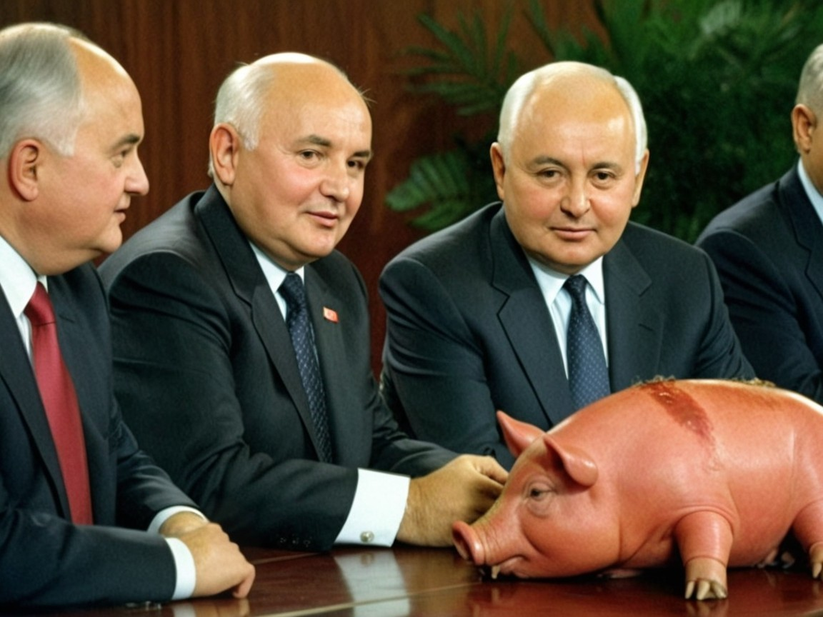 Men in Formal Attire Discussing with Pig Model Centerpiece