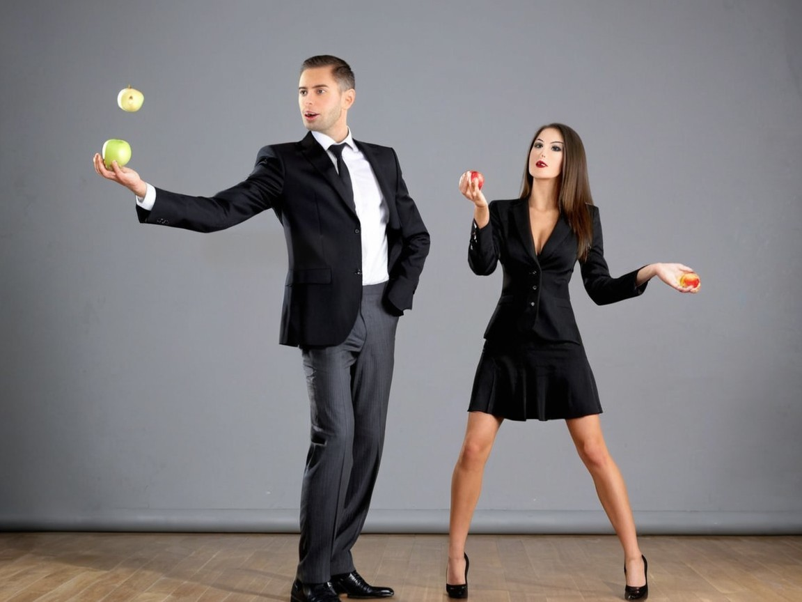 Stylish Duo Juggling Apples Against Gray Backdrop