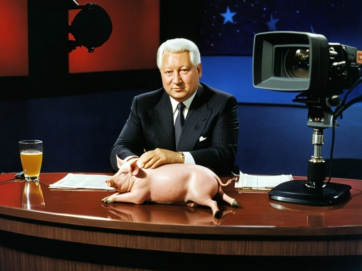 Man in Suit with Pig at News Desk Setting
