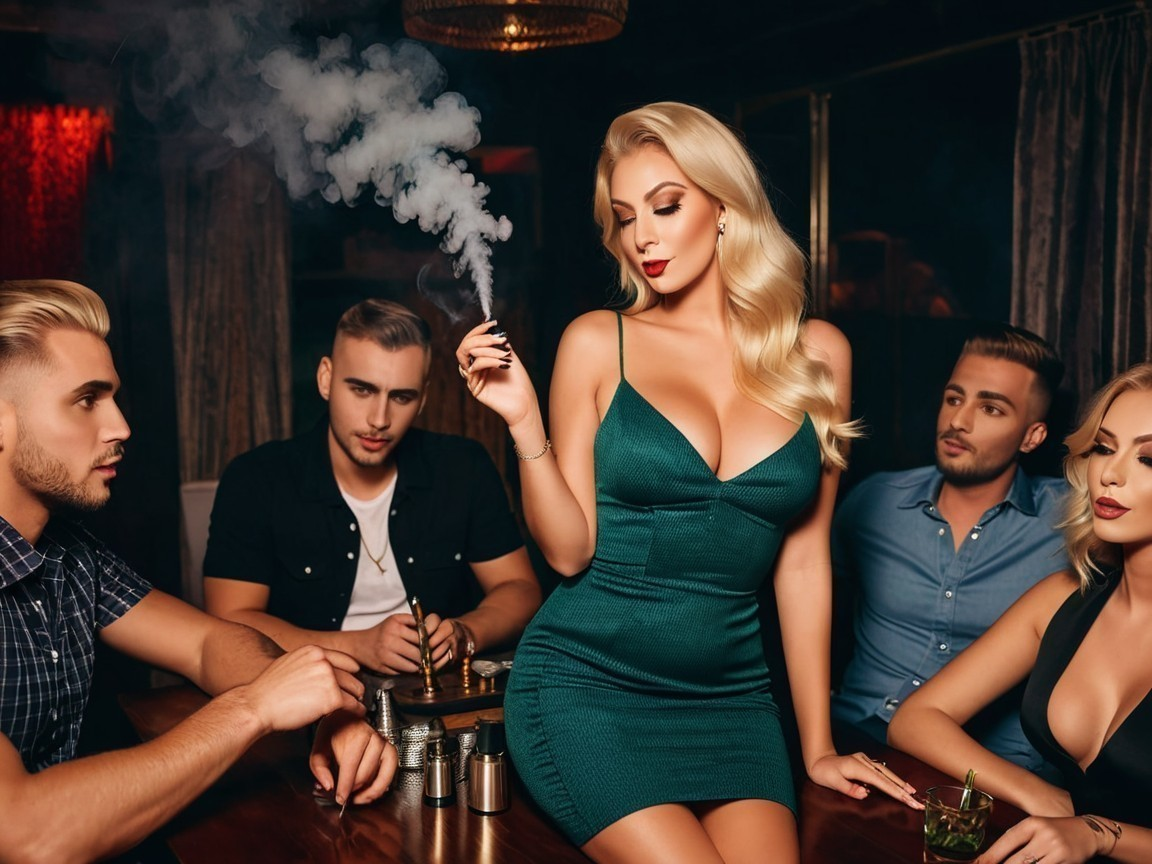 Glamorous Woman in Green Dress at Upscale Lounge