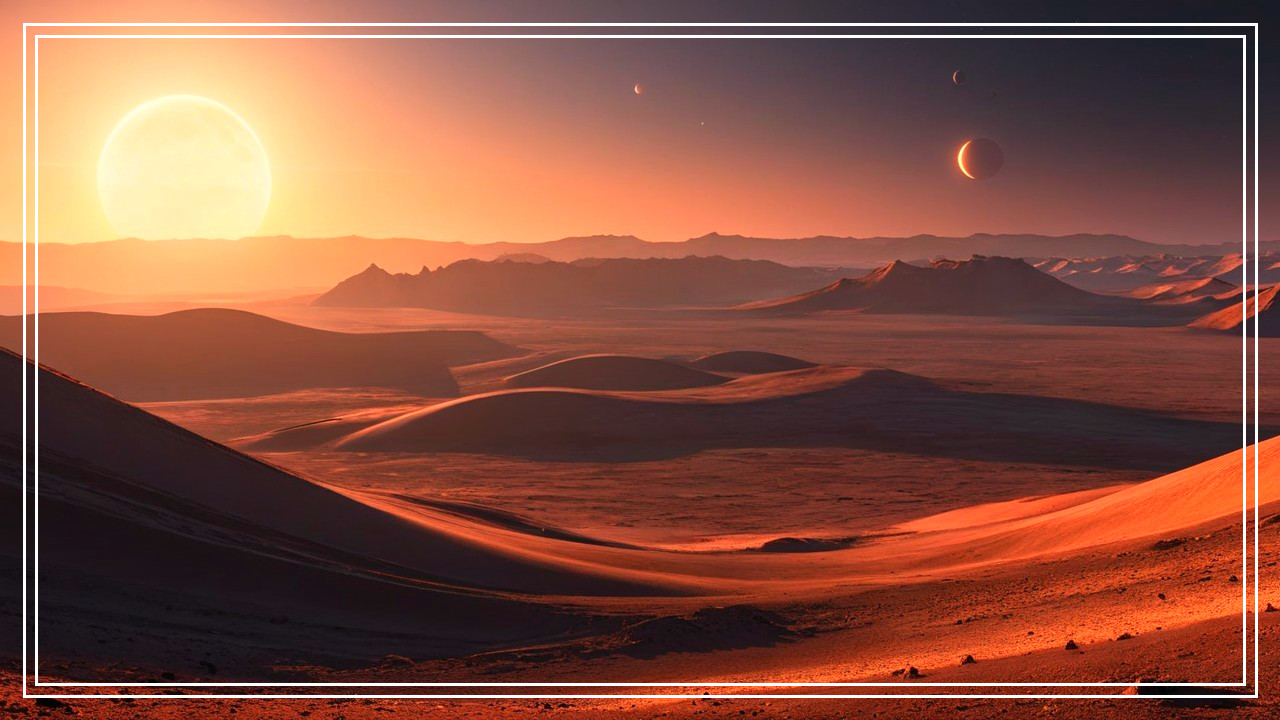 Alien Landscape with Sand Dunes and Distant Planets