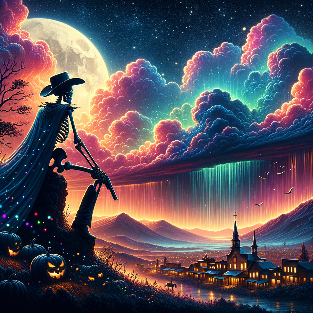 Skeletal Cowboy Overlooking Sunset and Quaint Town