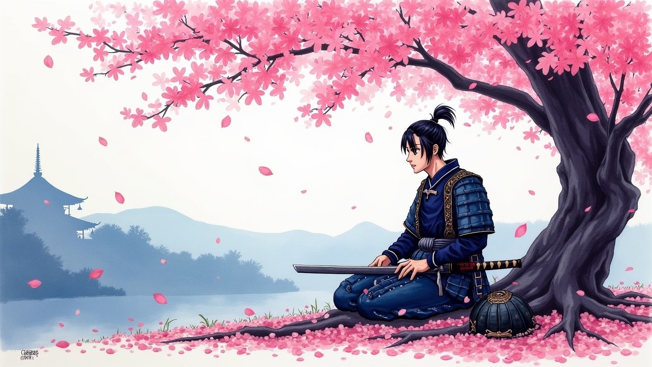Samurai Under Cherry Blossom Tree by Tranquil Lake