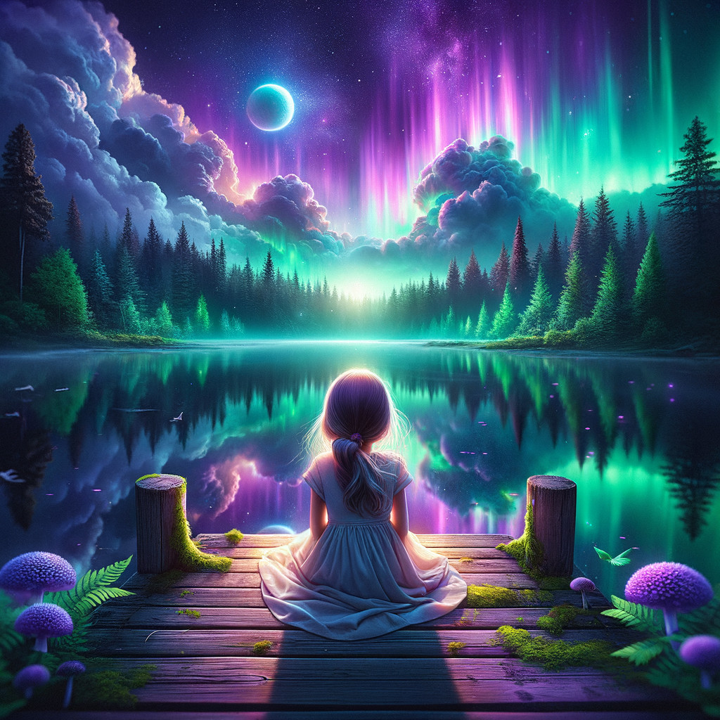 Serene Night Scene with Girl on Dock and Auroras