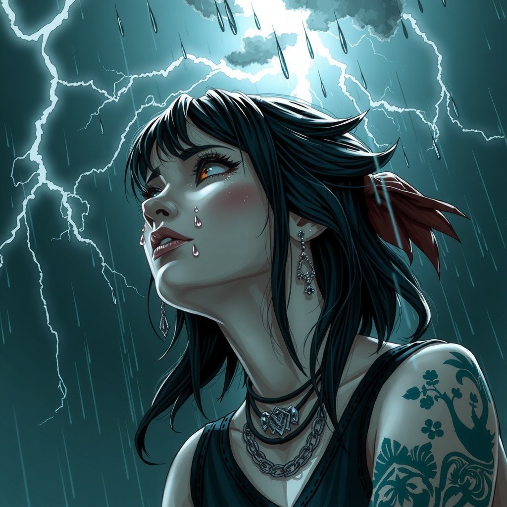 Young woman with dark hair in stormy atmosphere