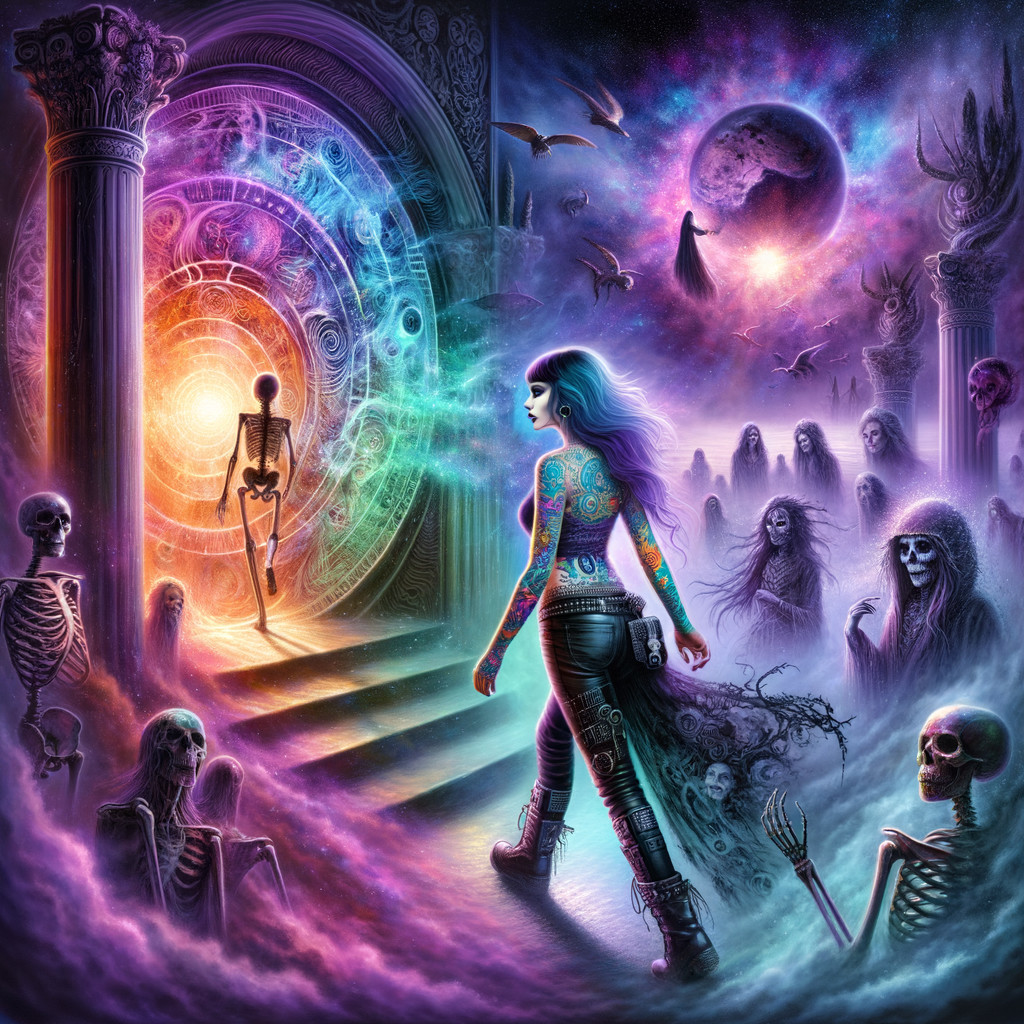 Mystical Scene with Tattooed Woman and Cosmic Elements