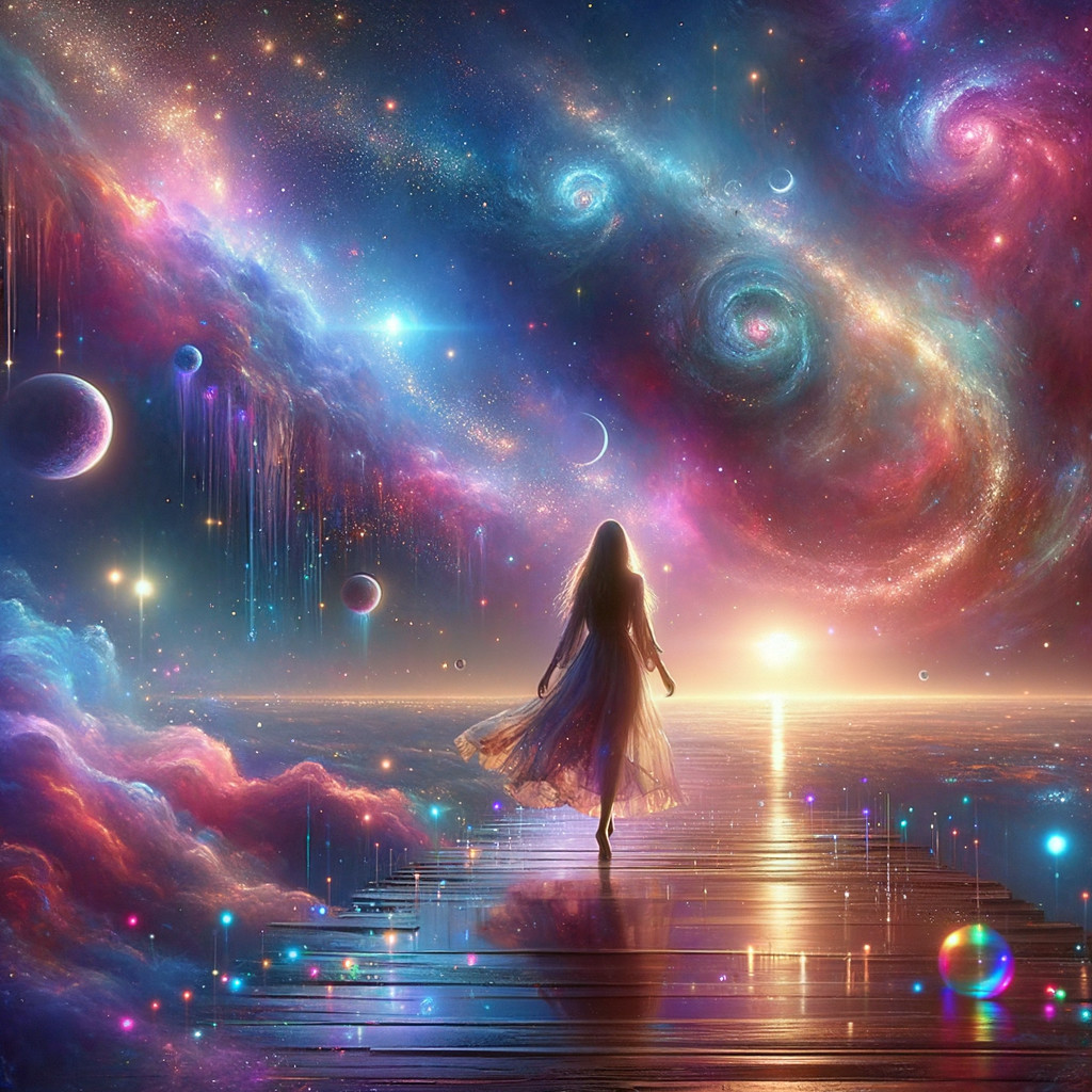 Serene figure on luminous path over tranquil waters
