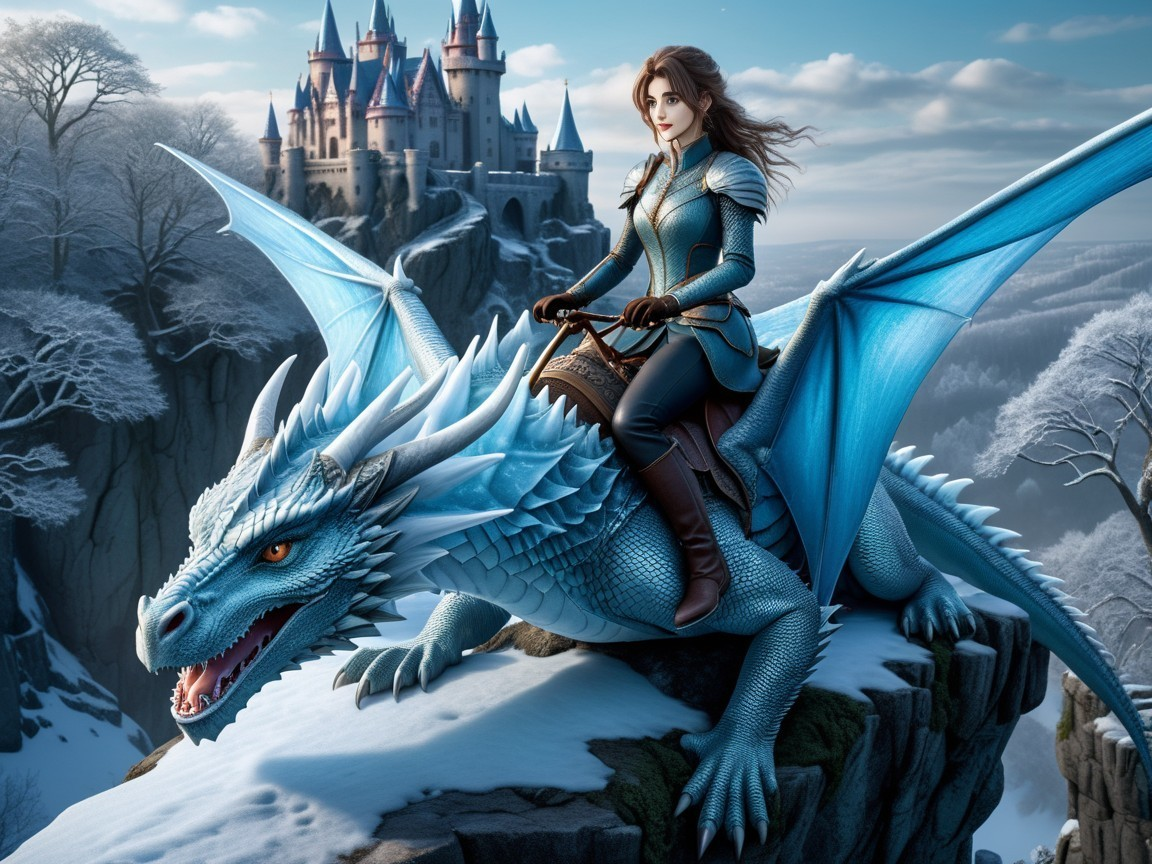 Warrior Woman on Blue Dragon Over Snowy Landscape