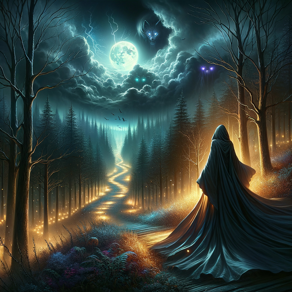 Cloaked Figure in Mystical Forest Under Full Moon