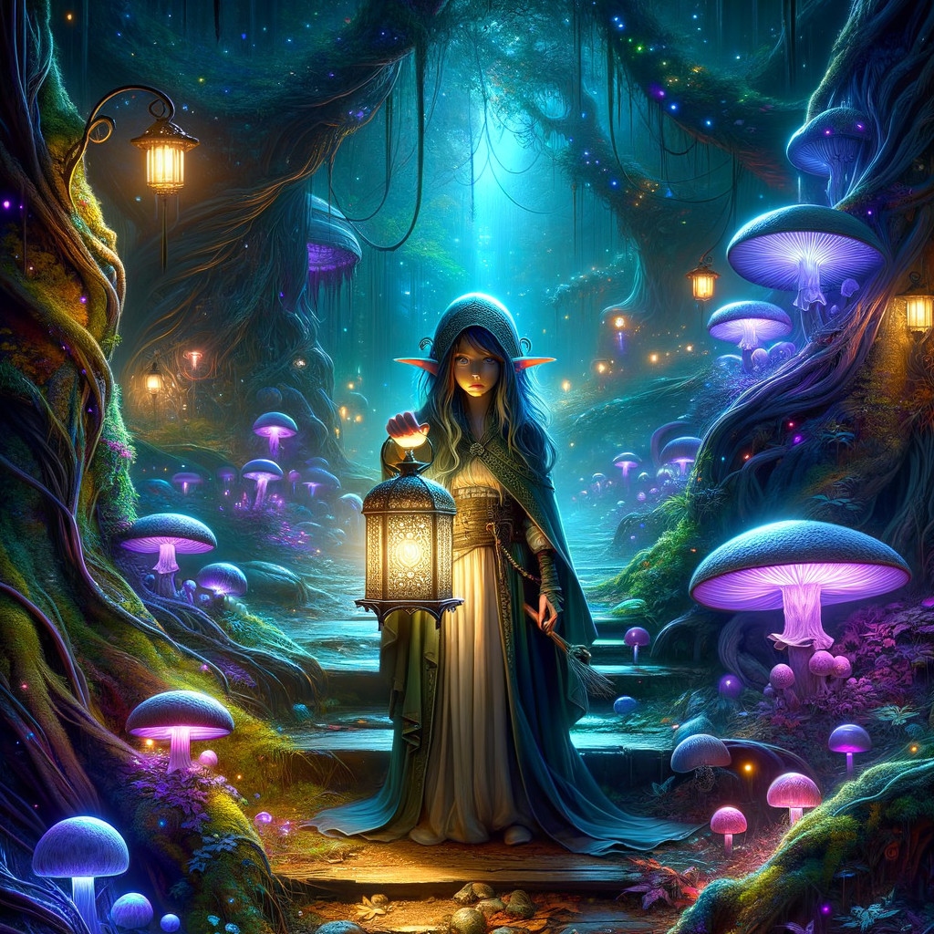 Mystical Forest with Lanterns and Glowing Mushrooms