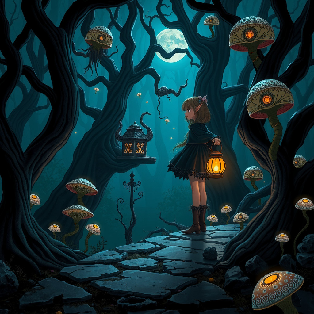 Mystical Forest Scene with Lantern and Glowing Mushrooms