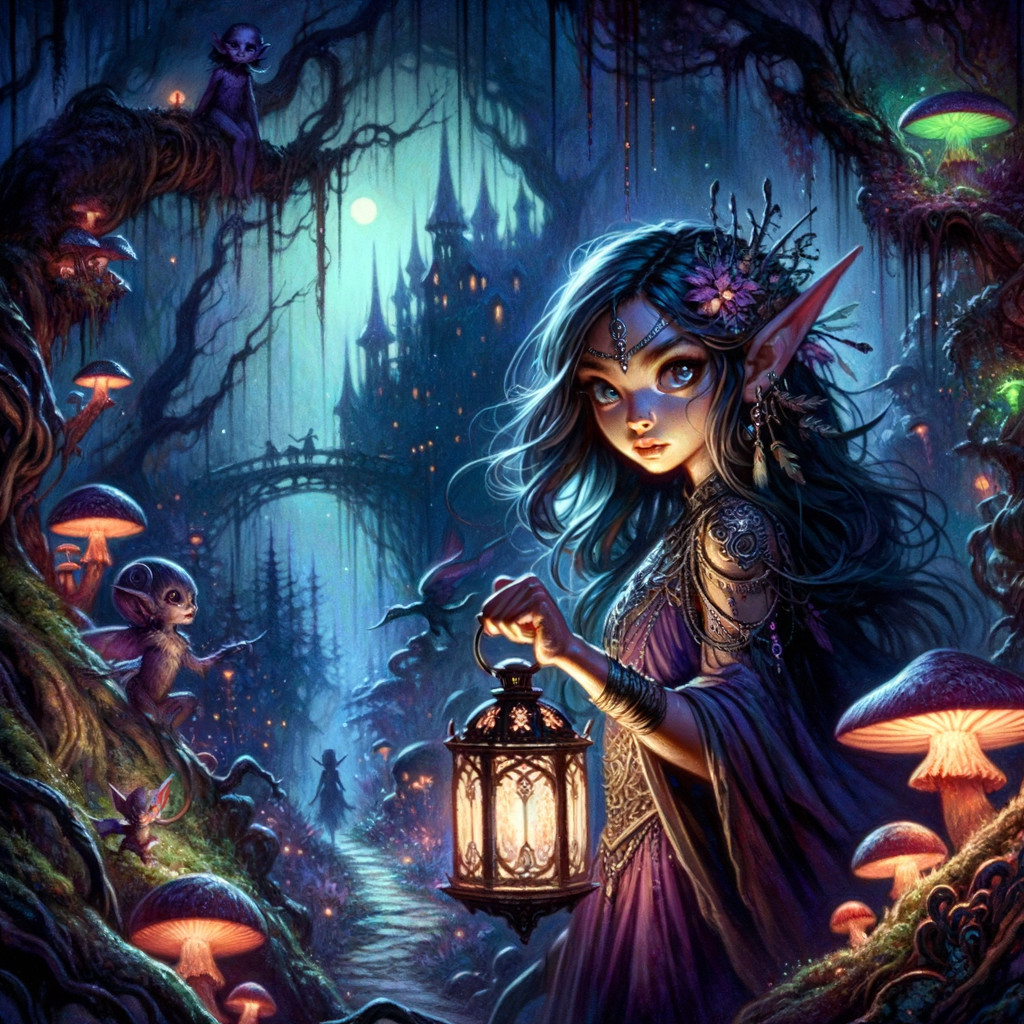 Elven Girl in Mystical Forest with Glowing Mushrooms