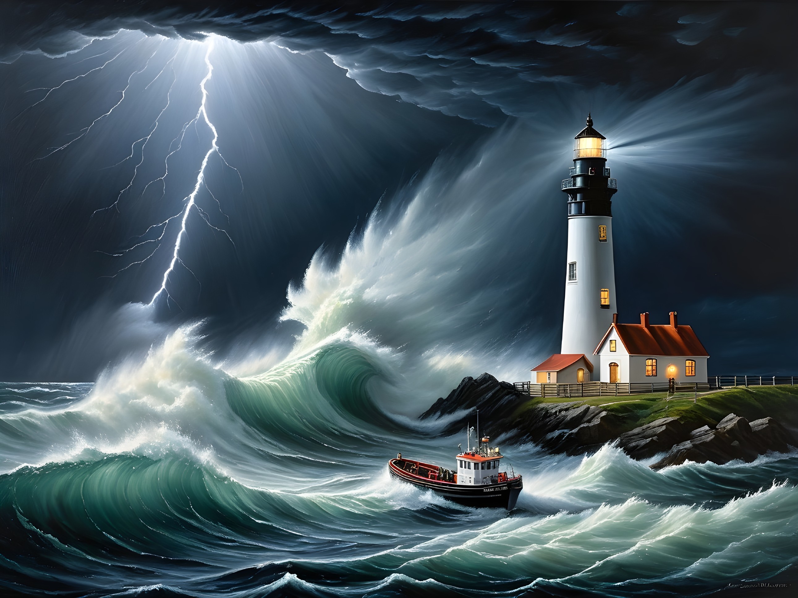 Coastal Scene with Lighthouse and Stormy Waves