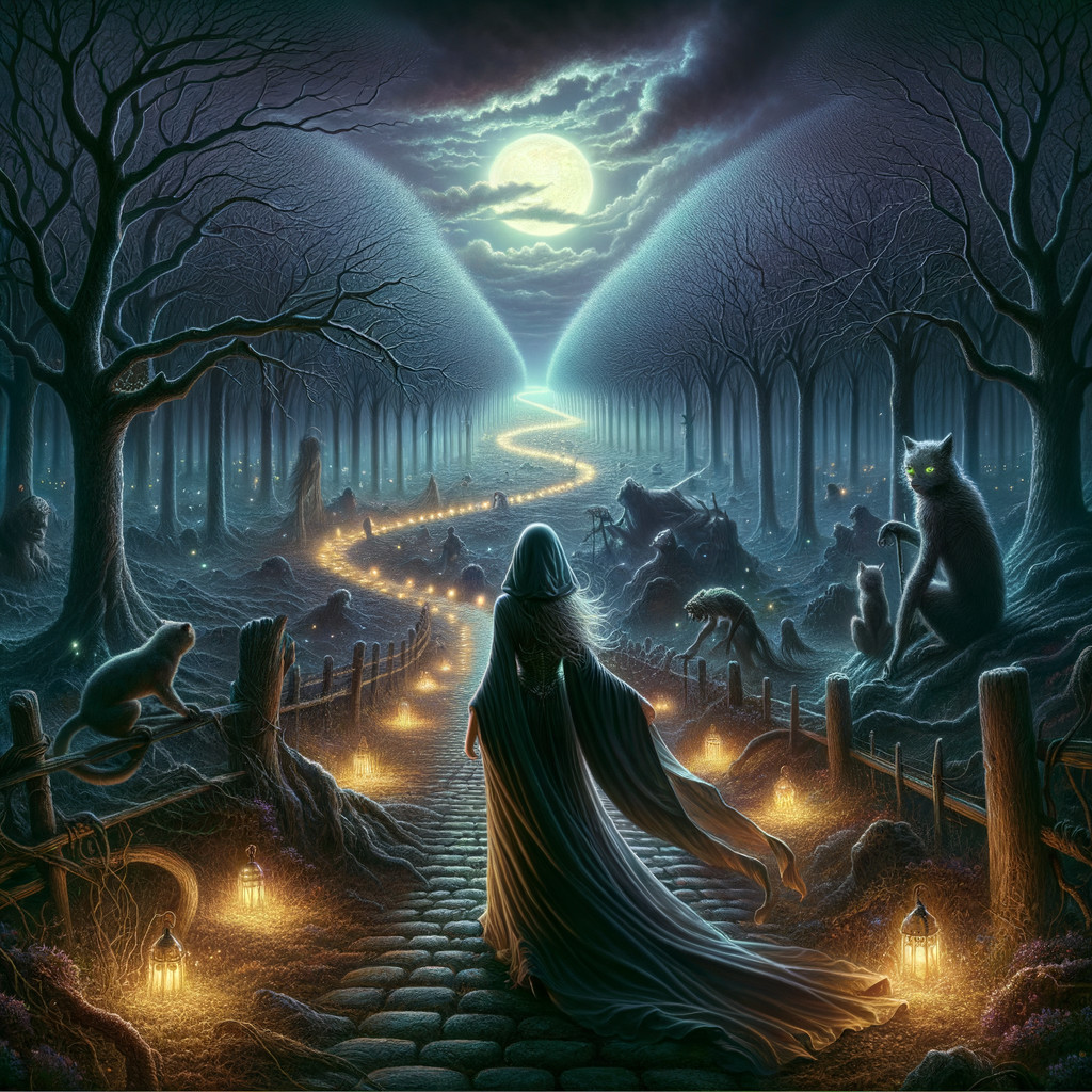 Mystical Forest Path with Lanterns and Enigmatic Creatures