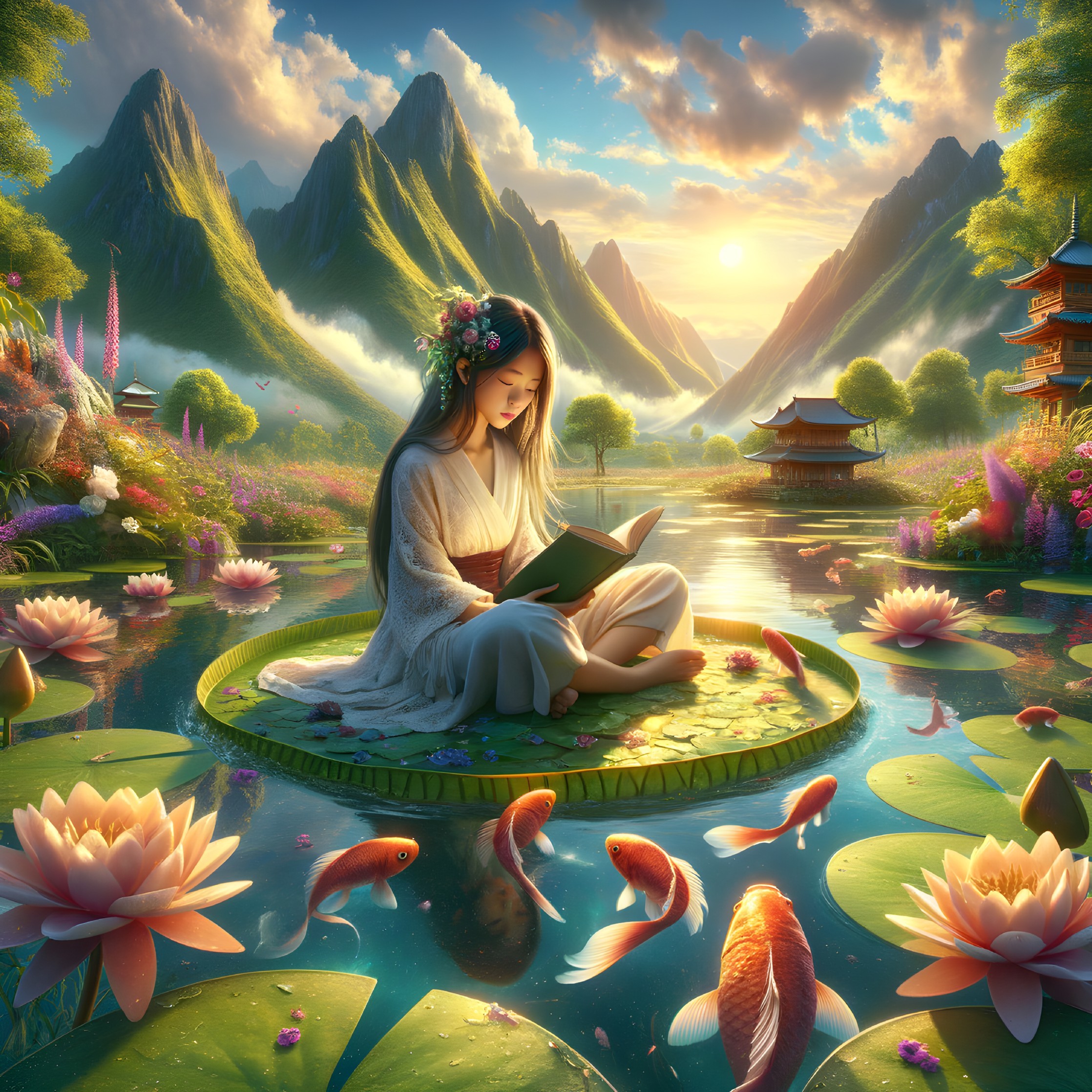 Young Woman Reading on Lily Pad in Scenic Landscape