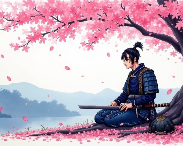 Samurai Under Cherry Blossom Tree by Tranquil Lake