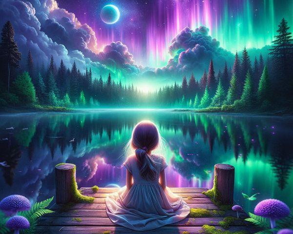 Serene Night Scene with Girl on Dock and Auroras