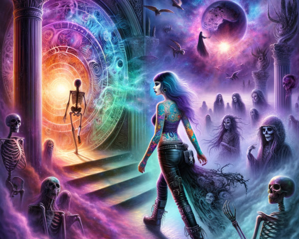 Mystical Scene with Tattooed Woman and Cosmic Elements