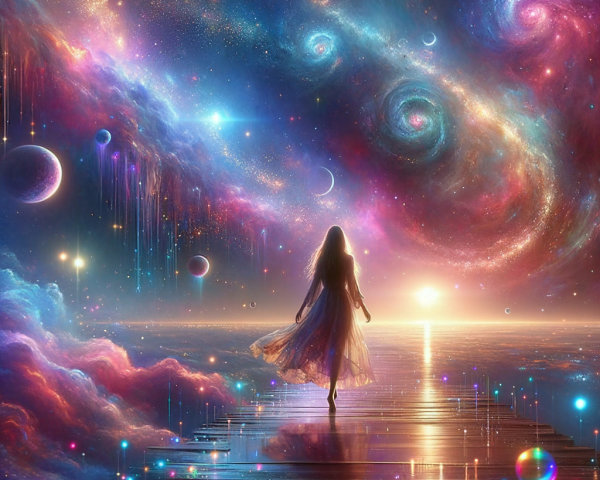 Serene figure on luminous path over tranquil waters