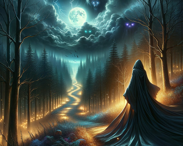 Cloaked Figure in Mystical Forest Under Full Moon