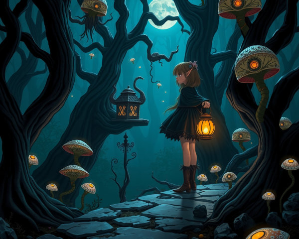Mystical Forest Scene with Lantern and Glowing Mushrooms