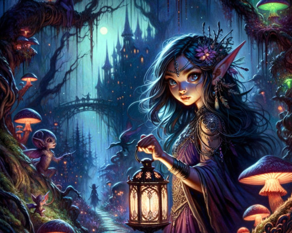 Elven Girl in Mystical Forest with Glowing Mushrooms