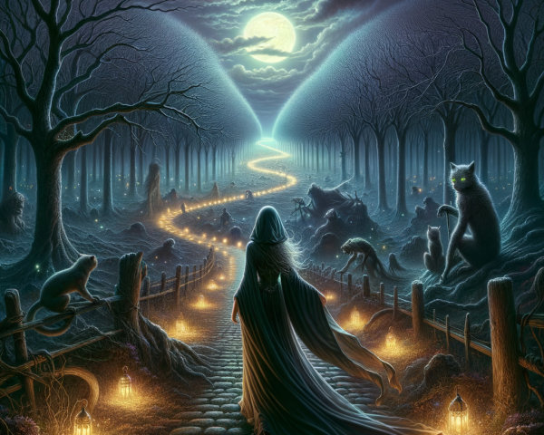 Mystical Forest Path with Lanterns and Enigmatic Creatures
