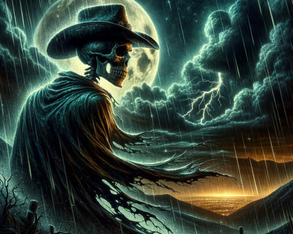 Skeleton in Cowboy Hat Under Dramatic Night Sky