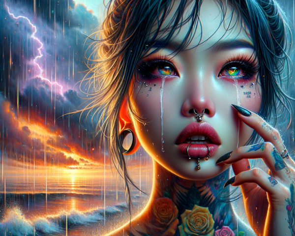 Portrait of a Woman with Tattoos and Dramatic Makeup