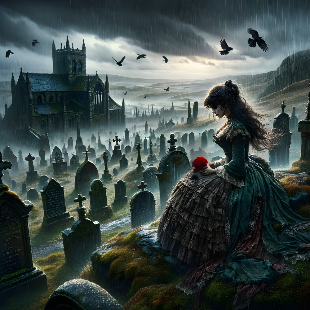 Forlorn Woman in Graveyard with Red Rose and Crows