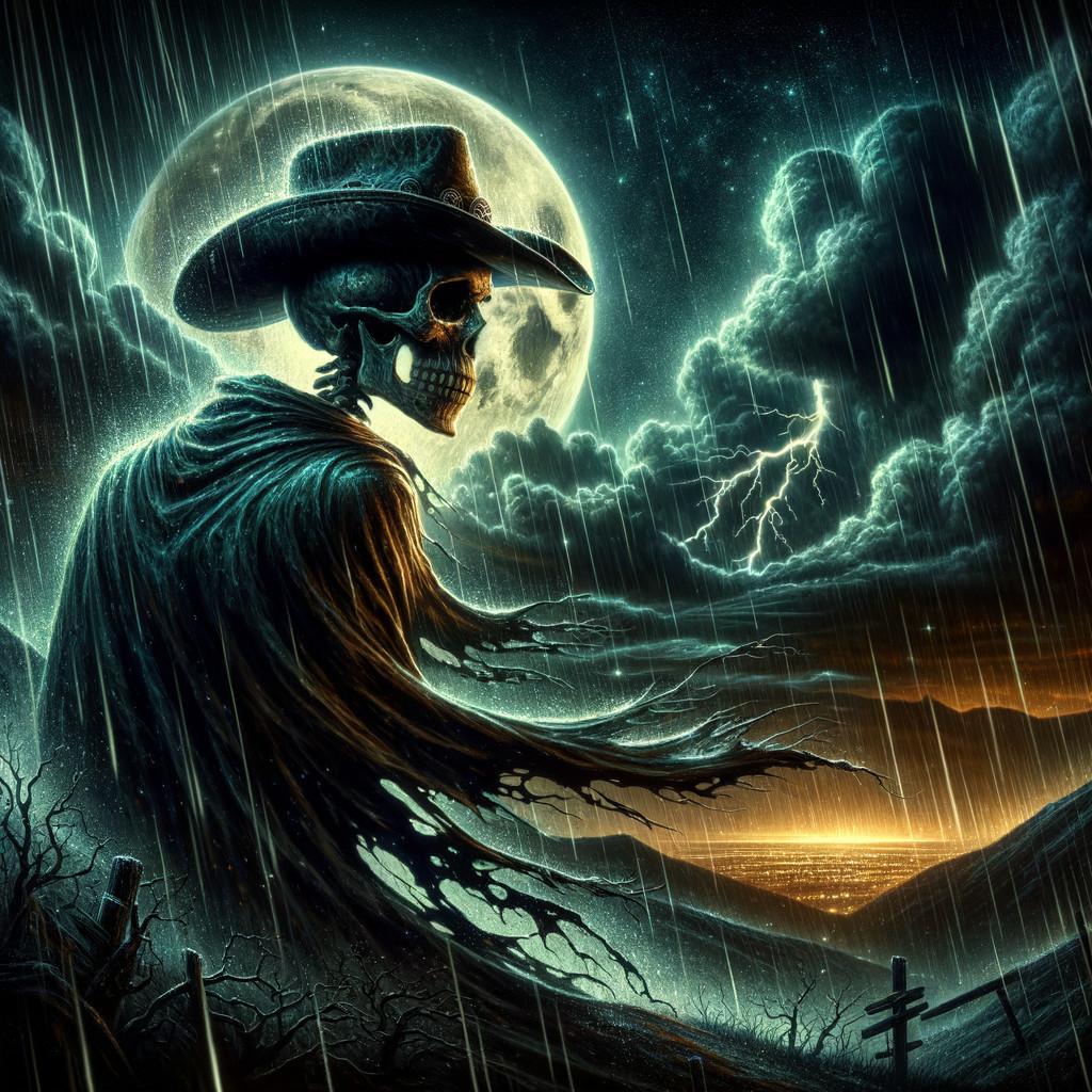 Skeleton in Cowboy Hat Under Dramatic Night Sky